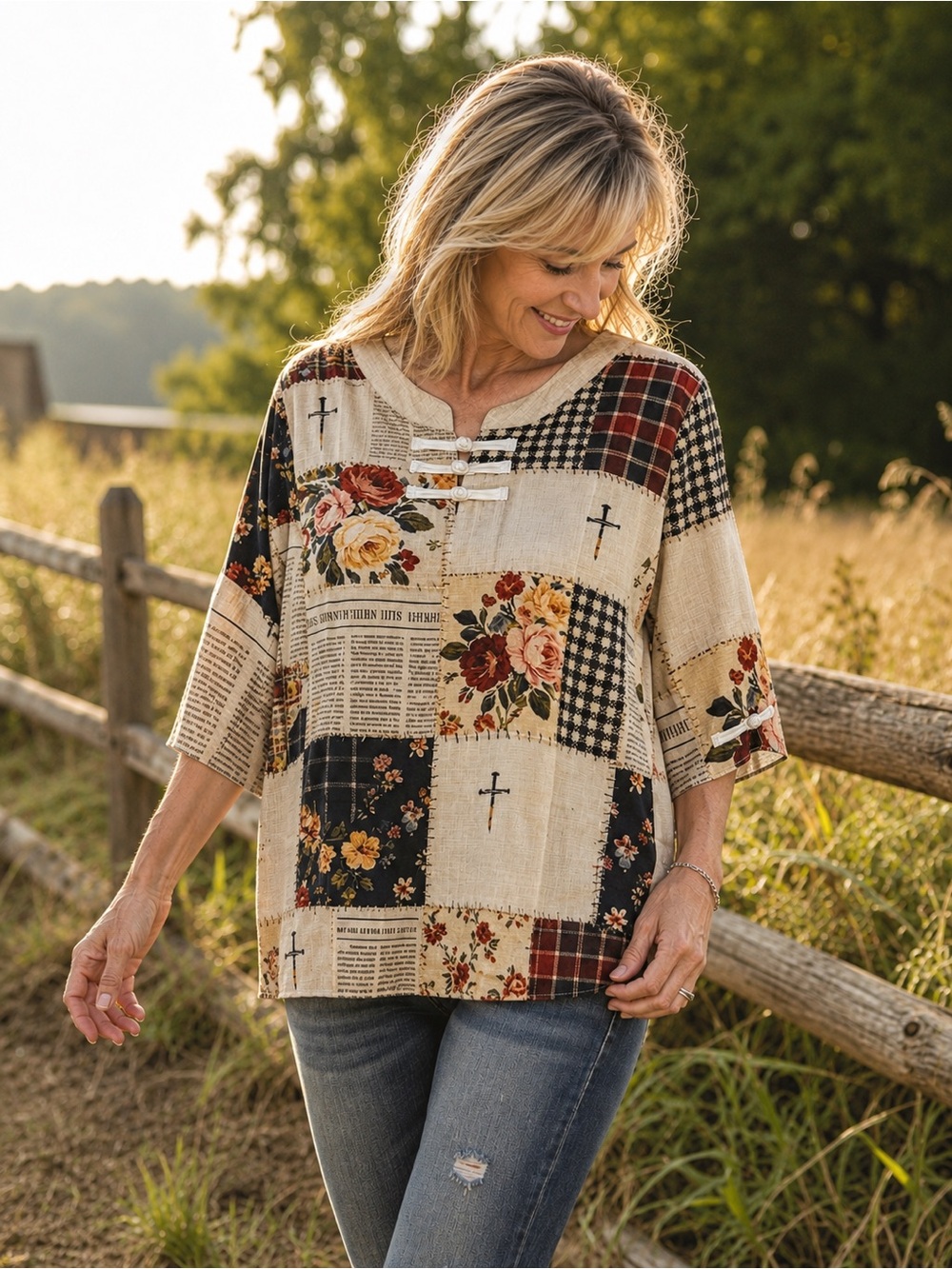 🍂 Boutique Patchwork Floral Top | Size L | Boho Fall Transition